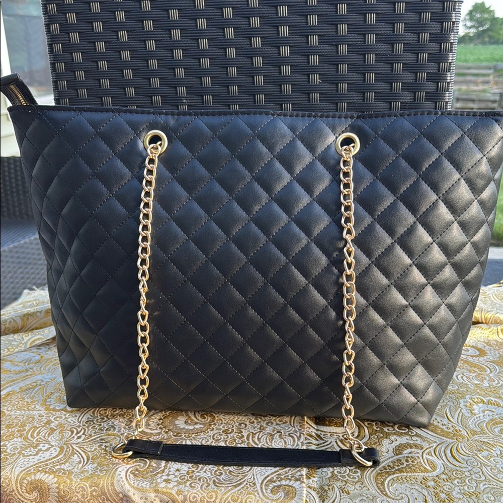 Badgley Mischka Black Quilted Tote Bag with Gold Chain by - Picture 3 of 6
